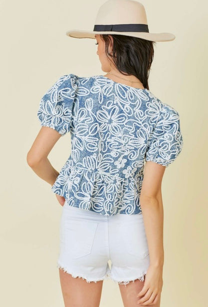 Denim Embroidered Top